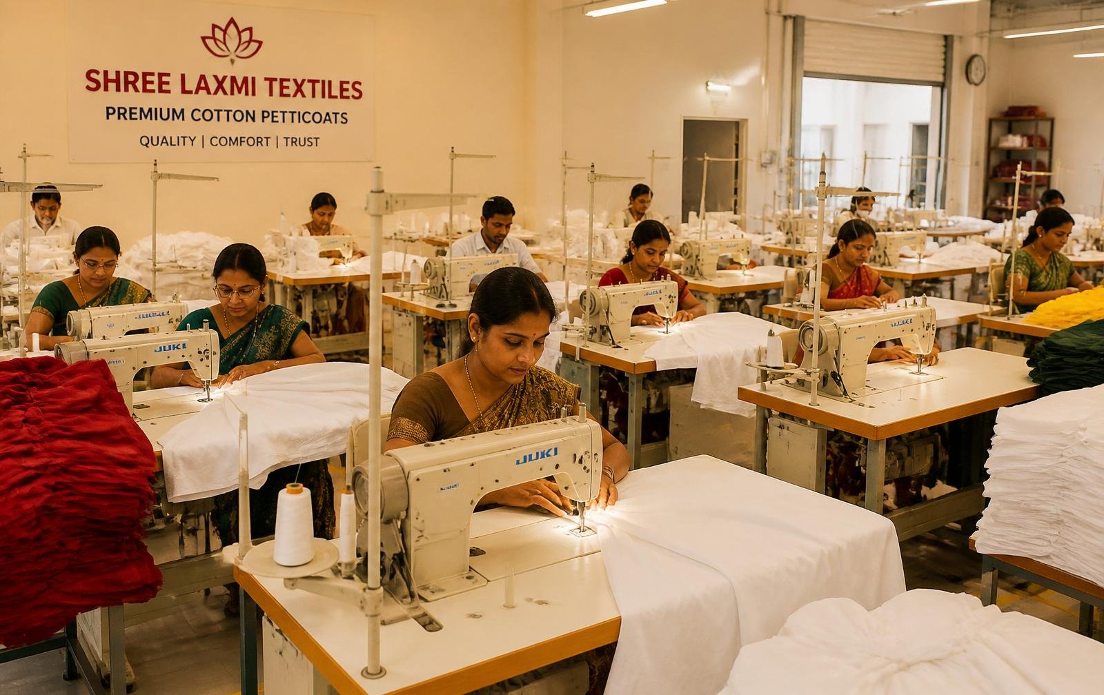 Nirmaya Textile petticoat manufacturing unit with 10 industrial sewing machines and skilled workers